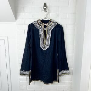 Tory Burch Navy Embroidered Fringe Detail 100% Cotton Tunic Size 8